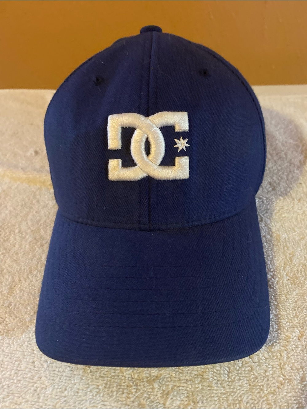 Vintage DC Shoes Flexfit Hat S/M Navy Blue White Big Logo Skate Cap Y2K
